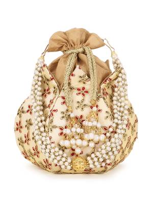 Lotus Cream, Red and Gold Floral Embroidered Faux Silk Potli 1