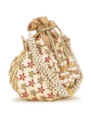 Lotus Cream, Red and Gold Floral Embroidered Faux Silk Potli 2