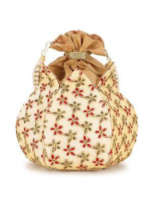 Lotus Cream, Red and Gold Floral Embroidered Faux Silk Potli 3