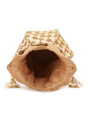 Lotus Cream, Red and Gold Floral Embroidered Faux Silk Potli 4