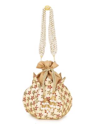Lotus Cream, Red and Gold Floral Embroidered Faux Silk Potli 5