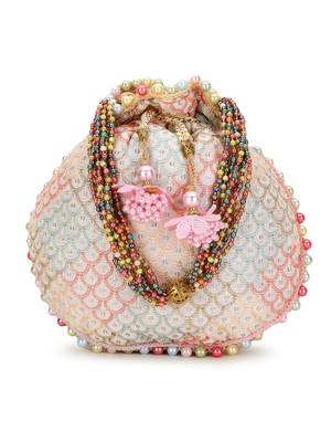 Anekaant Dangle Off White & Pastel Multi Sequin Embroidered Faux Silk Potli 1