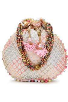Anekaant Dangle Off White & Pastel Multi Sequin Embroidered Faux Silk Potli