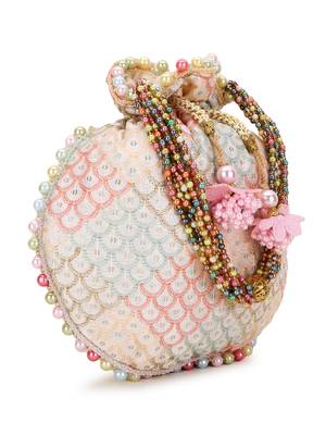 Anekaant Dangle Off White & Pastel Multi Sequin Embroidered Faux Silk Potli 5