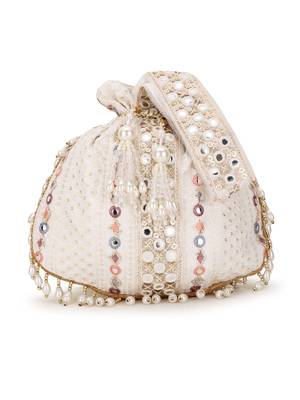 Dangle Off White, Gold & Multi Mirror Work Embellished Faux Silk Potli 1