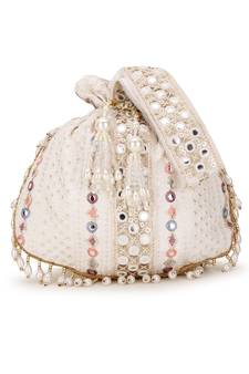 Dangle Off White, Gold & Multi Mirror Work Embellished Faux Silk Potli