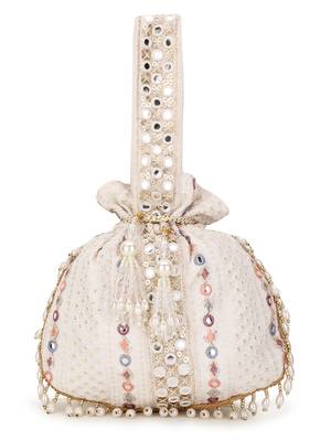 Dangle Off White, Gold & Multi Mirror Work Embellished Faux Silk Potli 2
