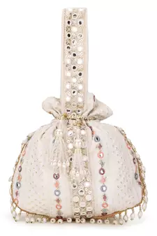Dangle Off White, Gold & Multi Mirror Work Embellished Faux Silk Potli
