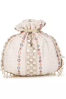 Dangle Off White, Gold & Multi Mirror Work Embellished Faux Silk Potli