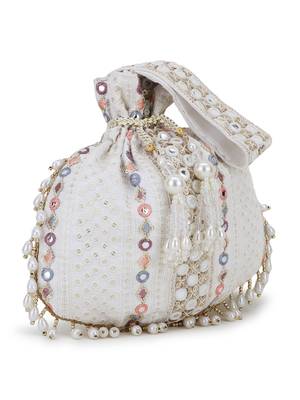 Dangle Off White, Gold & Multi Mirror Work Embellished Faux Silk Potli 5