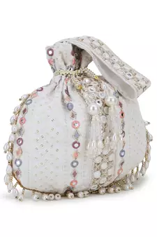 Dangle Off White, Gold & Multi Mirror Work Embellished Faux Silk Potli