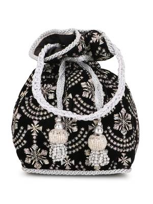 Anekaant Dangle Black & Silver Ethnic Embroidered Velvet Potli 1