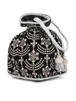 Anekaant Dangle Black & Silver Ethnic Embroidered Velvet Potli 2