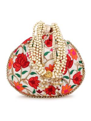 Dangle Cream & Multi Floral Embroidered Faux Silk Potli 1