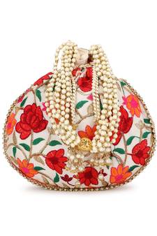 Dangle Cream & Multi Floral Embroidered Faux Silk Potli