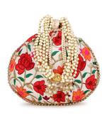 Dangle Cream & Multi Floral Embroidered Faux Silk Potli