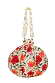 Dangle Cream & Multi Floral Embroidered Faux Silk Potli