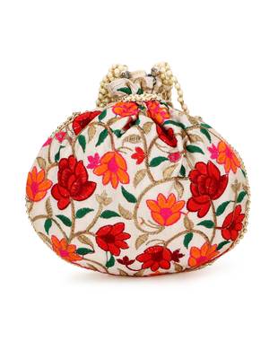 Dangle Cream & Multi Floral Embroidered Faux Silk Potli 3