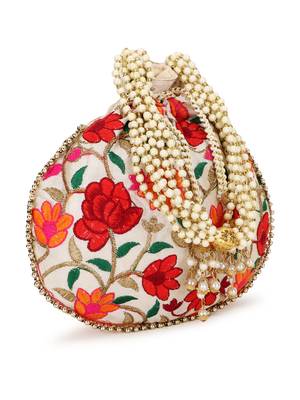 Dangle Cream & Multi Floral Embroidered Faux Silk Potli 5
