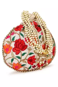 Dangle Cream & Multi Floral Embroidered Faux Silk Potli
