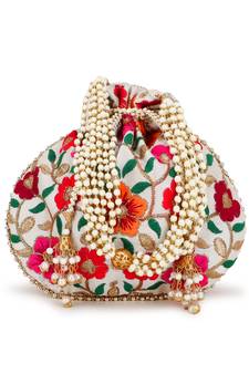 Dangle Cream & Multi Floral Embroidered Faux Silk Potli
