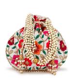 Dangle Cream & Multi Floral Embroidered Faux Silk Potli