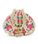 Dangle Cream & Multi Floral Embroidered Faux Silk Potli