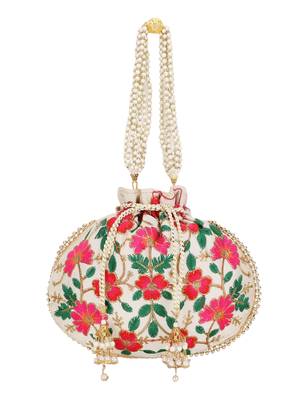 Dangle Cream & Multi Floral Embroidered Faux Silk Potli 2