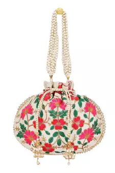 Dangle Cream & Multi Floral Embroidered Faux Silk Potli