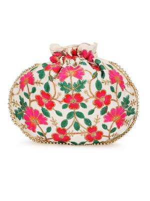 Dangle Cream & Multi Floral Embroidered Faux Silk Potli 3