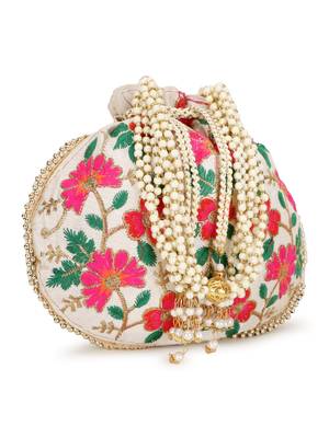 Dangle Cream & Multi Floral Embroidered Faux Silk Potli 5
