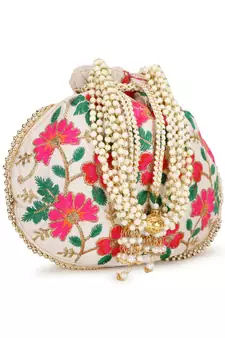 Dangle Cream & Multi Floral Embroidered Faux Silk Potli