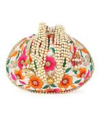 Dangle Cream & Multi Floral Embroidered Faux Silk Potli