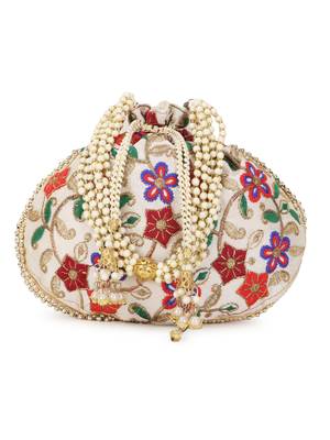 Dangle Cream & Multi Floral Embroidered Faux Silk Potli 1