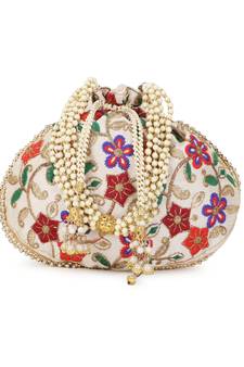 Dangle Cream & Multi Floral Embroidered Faux Silk Potli