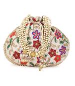 Dangle Cream & Multi Floral Embroidered Faux Silk Potli