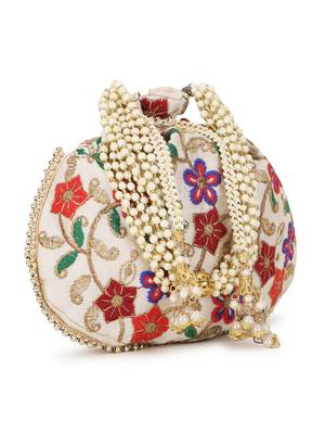 Dangle Cream & Multi Floral Embroidered Faux Silk Potli 2