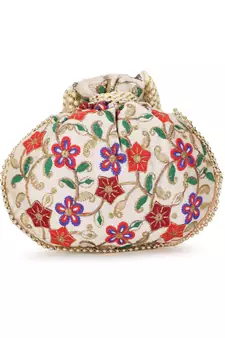 Dangle Cream & Multi Floral Embroidered Faux Silk Potli
