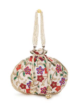 Dangle Cream & Multi Floral Embroidered Faux Silk Potli 5