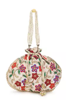Dangle Cream & Multi Floral Embroidered Faux Silk Potli