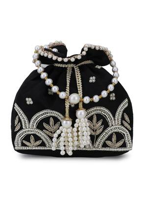 Dangle Black, White & Gold Ethnic Embellished Faux Silk Potli 1