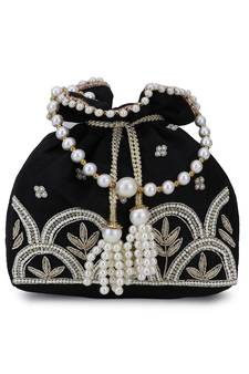 Dangle Black, White & Gold Ethnic Embellished Faux Silk Potli