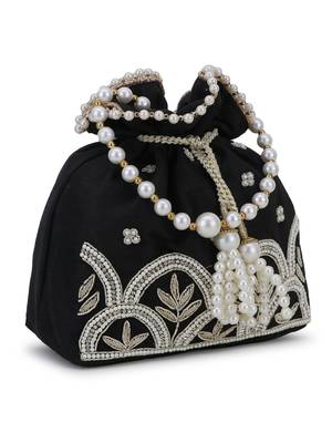 Dangle Black, White & Gold Ethnic Embellished Faux Silk Potli 2