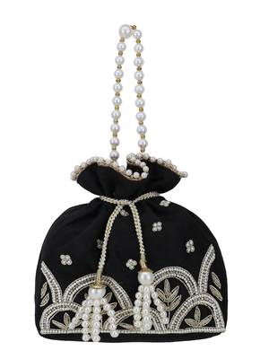 Dangle Black, White & Gold Ethnic Embellished Faux Silk Potli 5