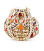 Dangle Cream & Multi Floral Embroidered Faux Silk Potli