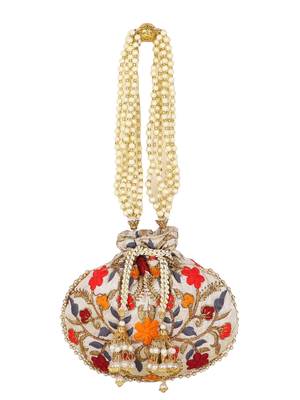 Dangle Cream & Multi Floral Embroidered Faux Silk Potli 2