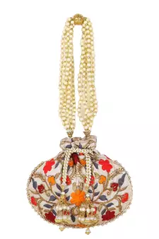 Dangle Cream & Multi Floral Embroidered Faux Silk Potli