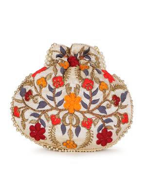 Dangle Cream & Multi Floral Embroidered Faux Silk Potli 3