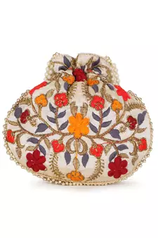 Dangle Cream & Multi Floral Embroidered Faux Silk Potli
