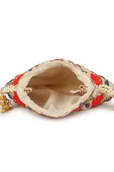 Dangle Cream & Multi Floral Embroidered Faux Silk Potli